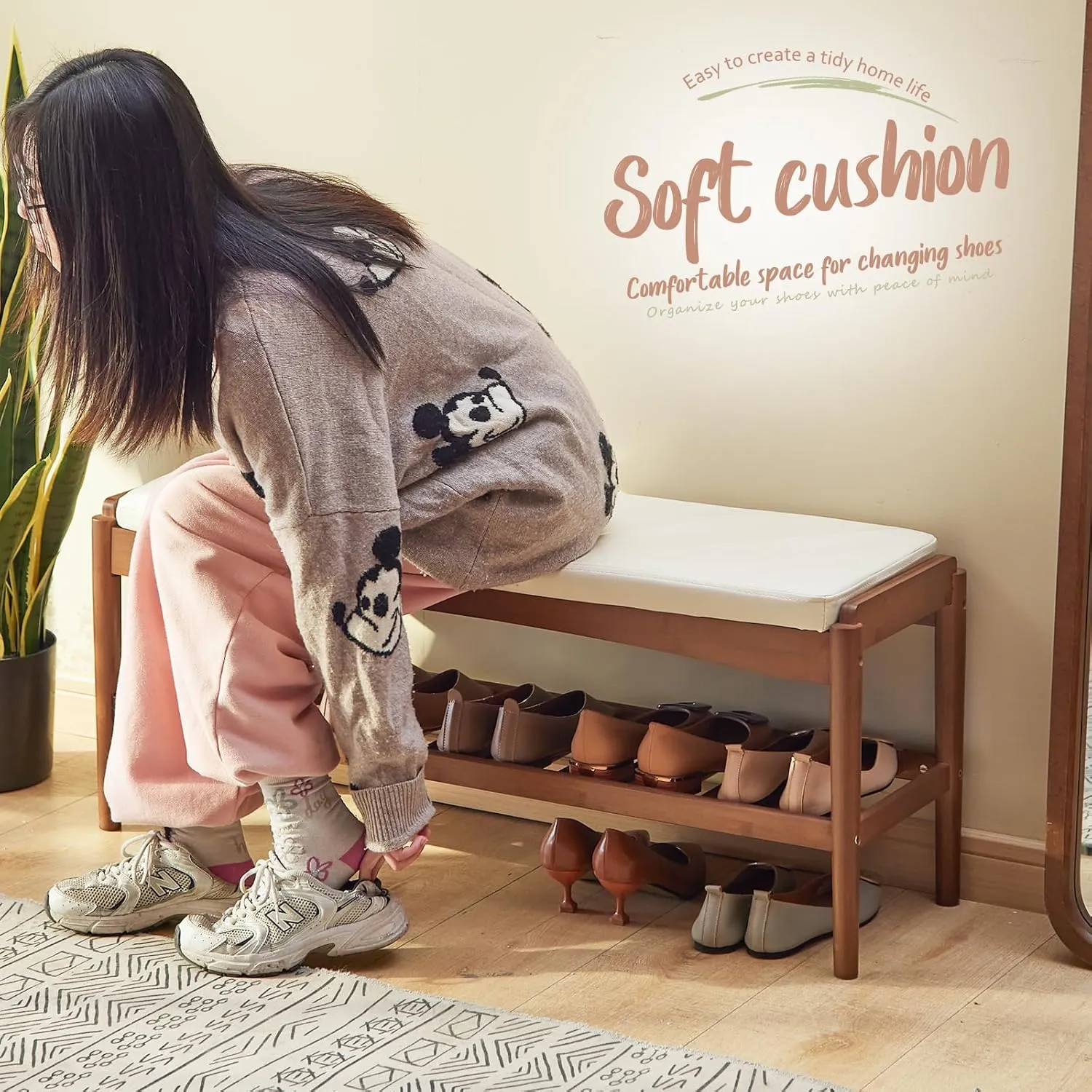 Shoe Rack Bench Entryway Bamboo Shoe Storage Bench with Leather Cushion 2 Tiers Shoe Rack Entryway Bench for Hallway, Living Room,Bedroom(Beige Bench top Brown Frame)