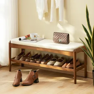Shoe Rack Bench Entryway Bamboo Shoe Storage Bench with Leather Cushion 2 Tiers Shoe Rack Entryway Bench for Hallway, Living Room,Bedroom(Beige Bench top Brown Frame)