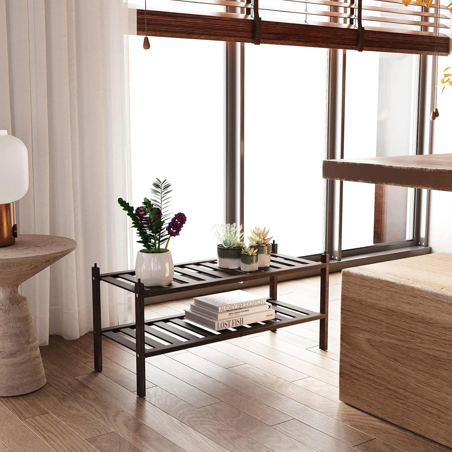 Shoe Rack,2-Tier Bamboo Stackable Shelf Storage Organizer for Entryway, Hallway and Closet, 27.2"x11"x13.2" (Mocha)