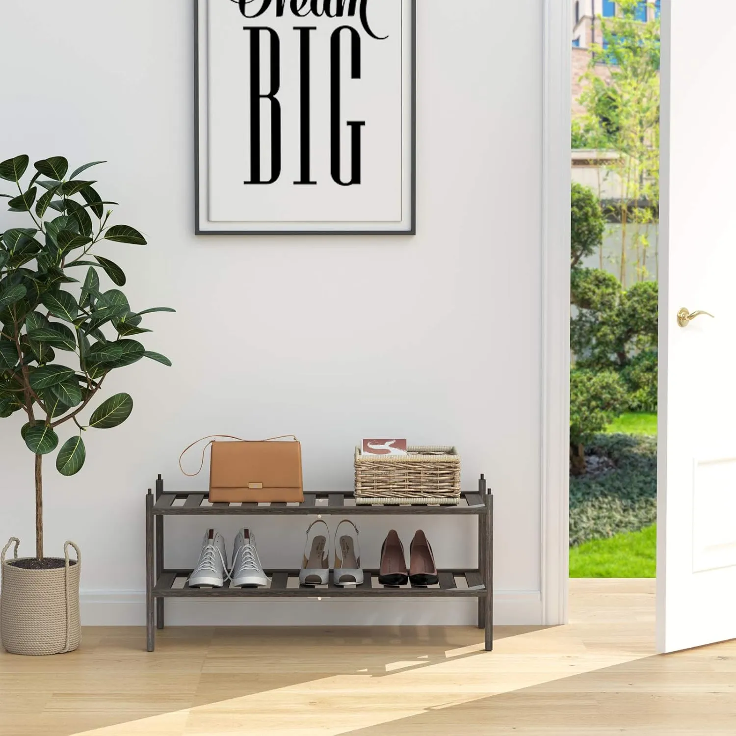 Shoe Rack,2-Tier Bamboo Stackable Shelf Storage Organizer for Entryway, Hallway and Closet, 27.2"x11"x13.2" (Mocha)