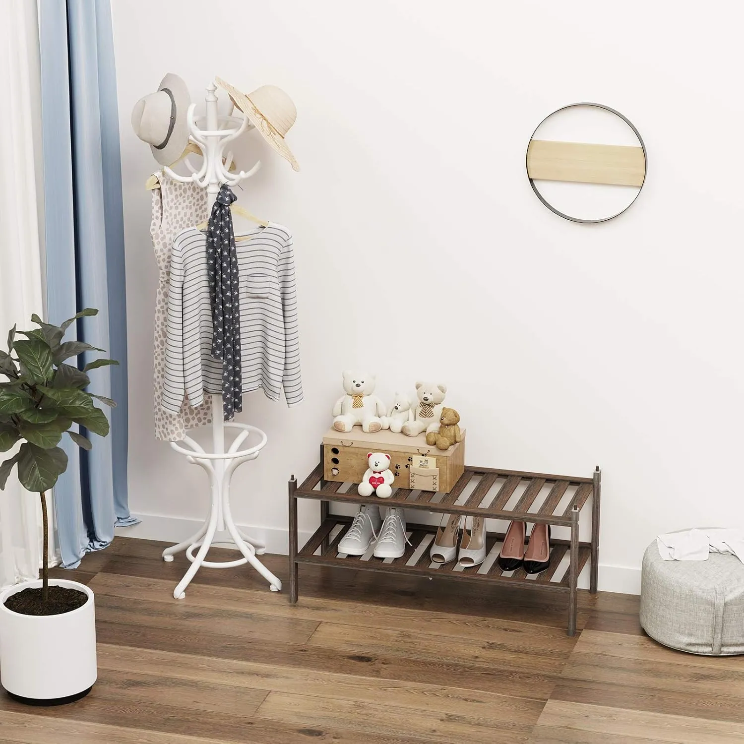 Shoe Rack,2-Tier Bamboo Stackable Shelf Storage Organizer for Entryway, Hallway and Closet, 27.2"x11"x13.2" (Mocha)