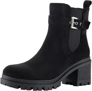 Shoe'N Tale Chelsea Boots for Women Ankle Boots Lug Sole Mid Chunky Heel Platform Round Toe Buckle Slip On Elastic Fashion Comfortable Booties