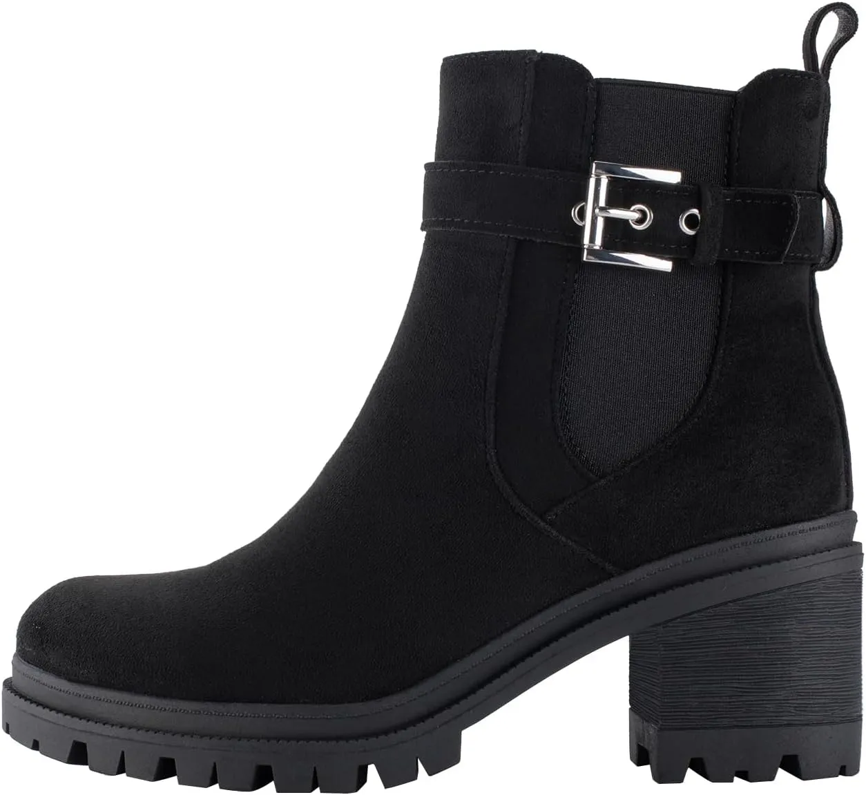 Shoe'N Tale Chelsea Boots for Women Ankle Boots Lug Sole Mid Chunky Heel Platform Round Toe Buckle Slip On Elastic Fashion Comfortable Booties