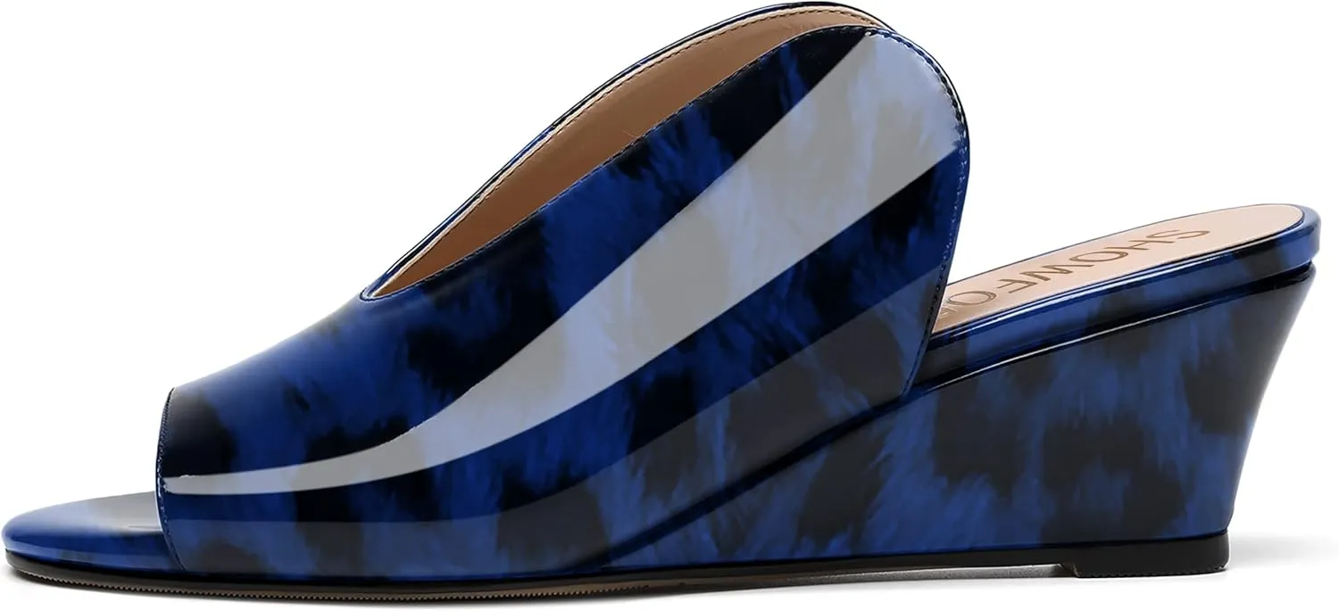 SHOWFOREST Women's Open Toe Casual Solid Slip On Outdoor Round Toe Patent Wedge Low Heel Pumps Shoes 2 Inch