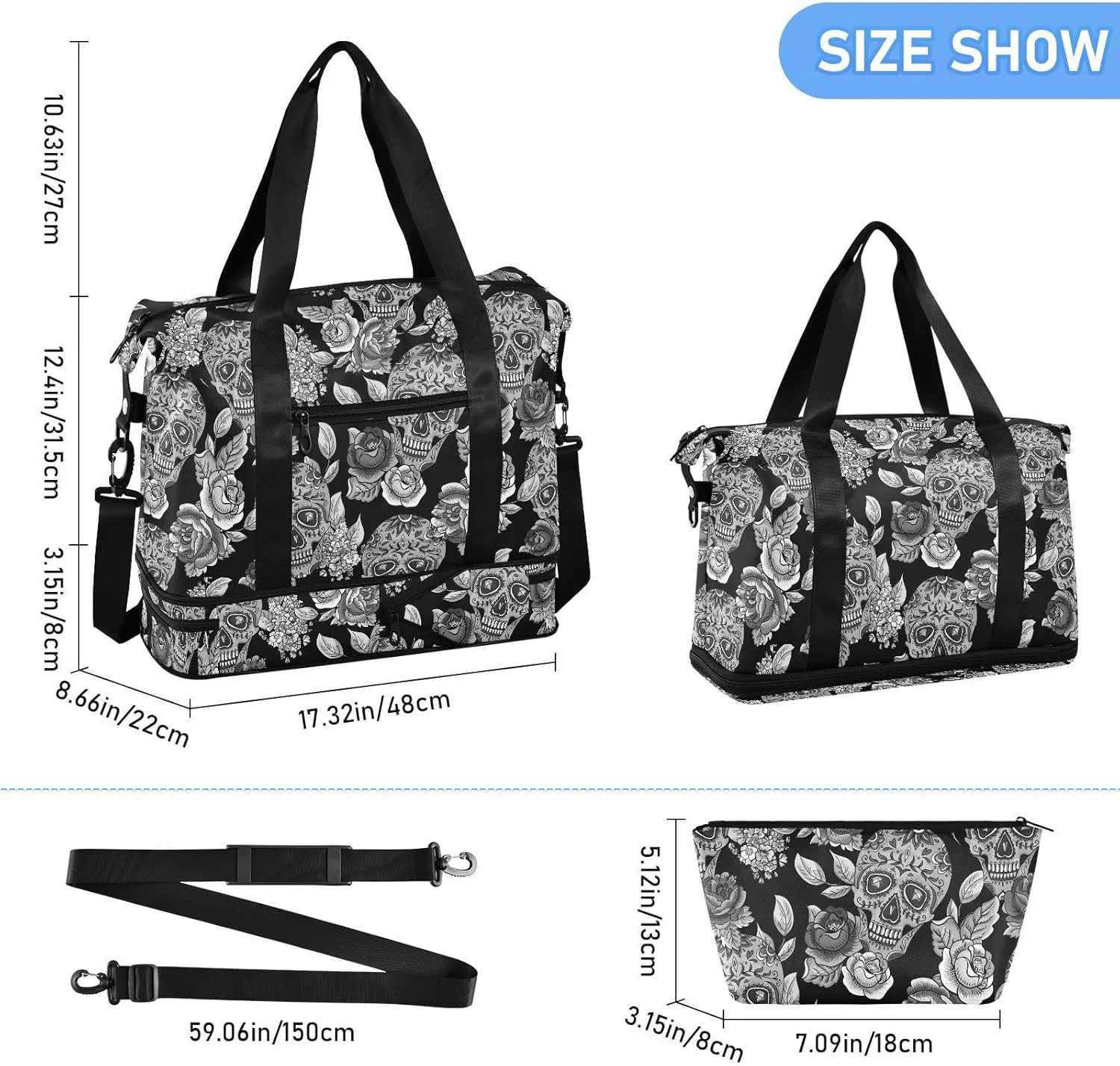 Skull Weekender for Women, Gym Sports Duffle With Flowers, Travel Tote With Toiletry Bag, Shoes Compartment, Dry/Wet Separation Swim Bag