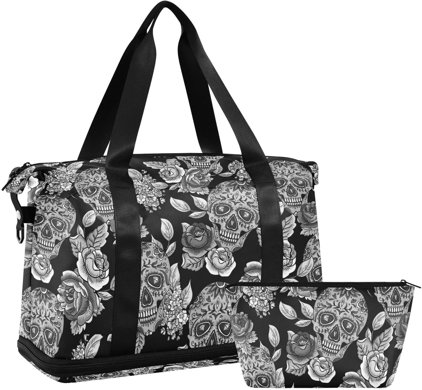 Skull Weekender for Women, Gym Sports Duffle With Flowers, Travel Tote With Toiletry Bag, Shoes Compartment, Dry/Wet Separation Swim Bag