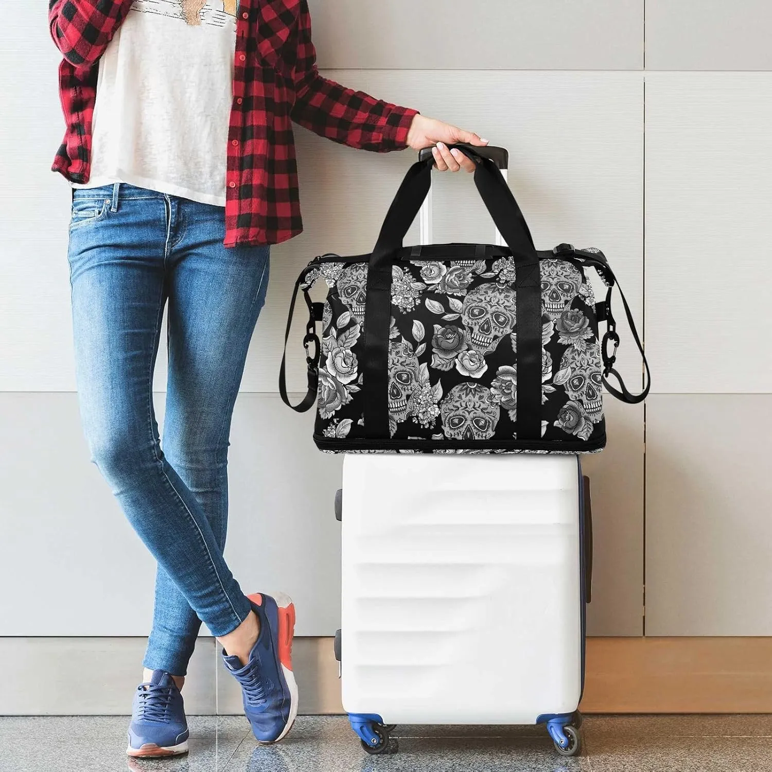 Skull Weekender for Women, Gym Sports Duffle With Flowers, Travel Tote With Toiletry Bag, Shoes Compartment, Dry/Wet Separation Swim Bag