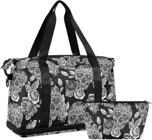 Skull Weekender for Women, Gym Sports Duffle With Flowers, Travel Tote With Toiletry Bag, Shoes Compartment, Dry/Wet Separation Swim Bag
