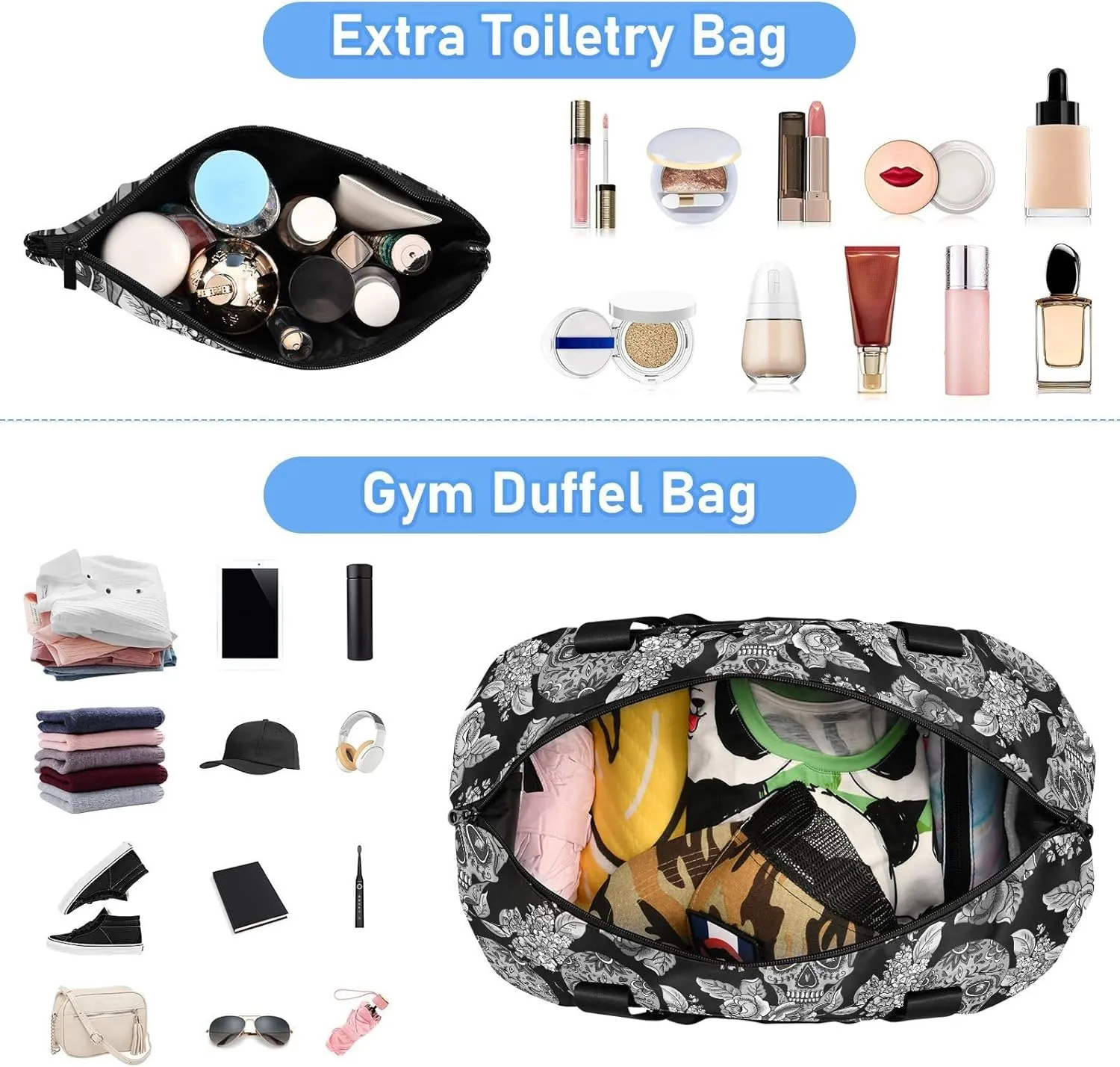Skull Weekender for Women, Gym Sports Duffle With Flowers, Travel Tote With Toiletry Bag, Shoes Compartment, Dry/Wet Separation Swim Bag