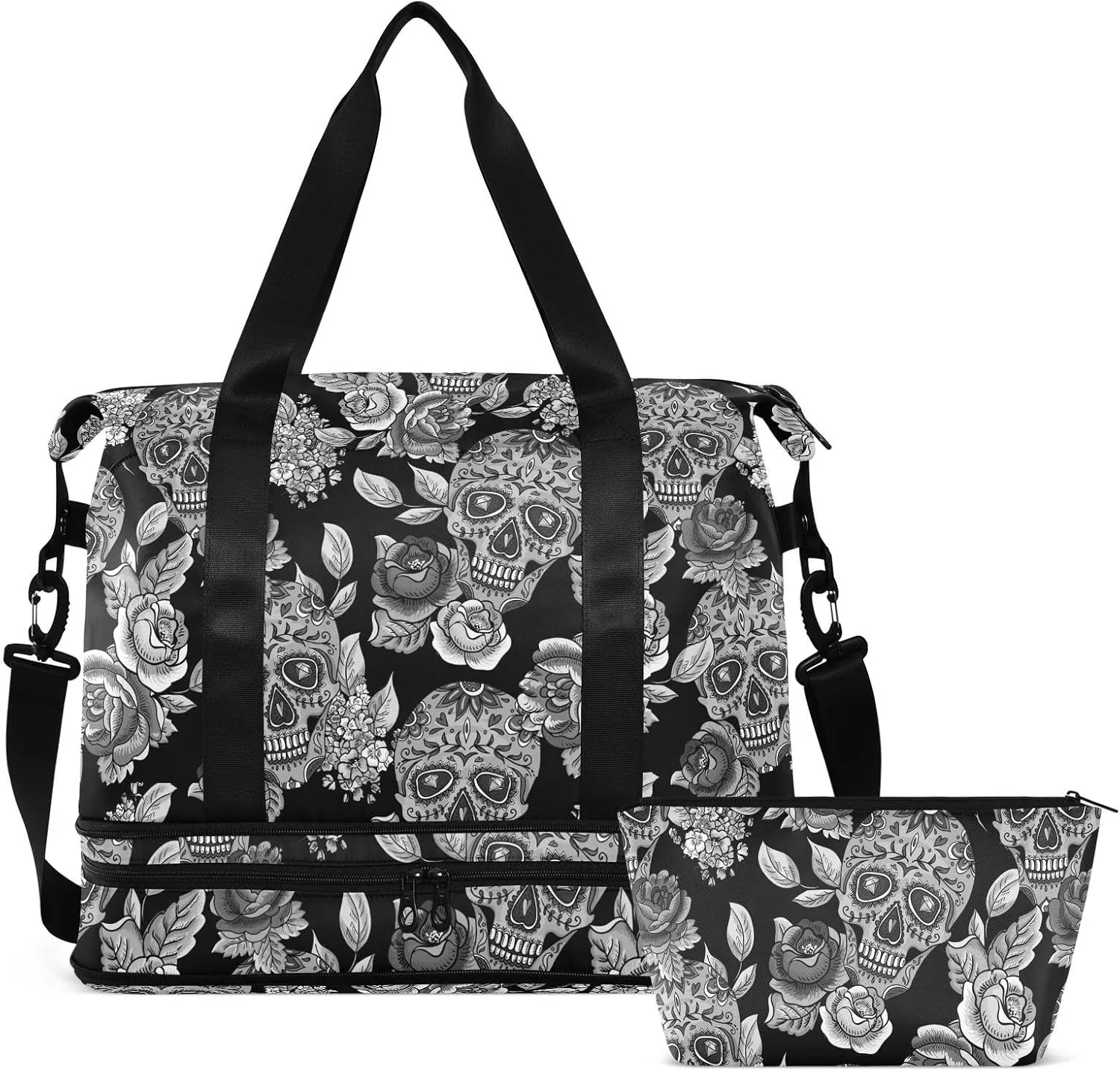 Skull Weekender for Women, Gym Sports Duffle With Flowers, Travel Tote With Toiletry Bag, Shoes Compartment, Dry/Wet Separation Swim Bag