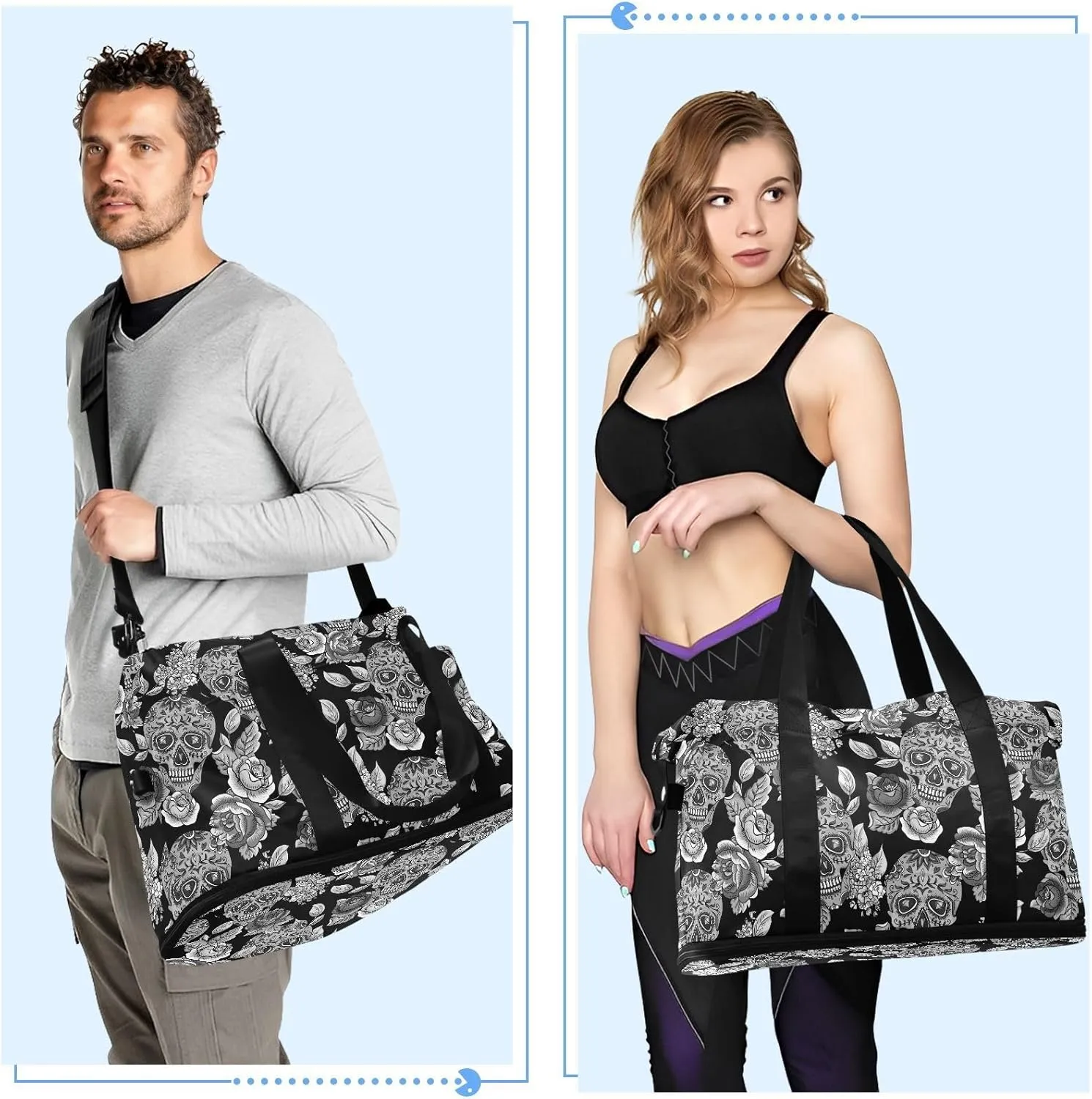 Skull Weekender for Women, Gym Sports Duffle With Flowers, Travel Tote With Toiletry Bag, Shoes Compartment, Dry/Wet Separation Swim Bag