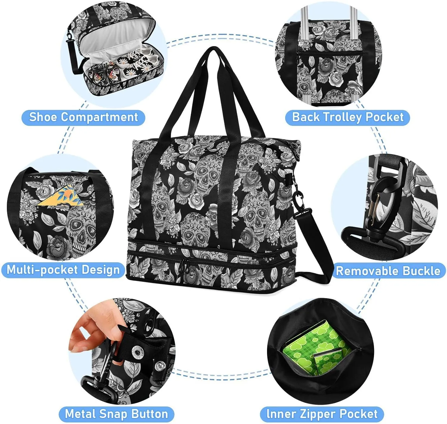 Skull Weekender for Women, Gym Sports Duffle With Flowers, Travel Tote With Toiletry Bag, Shoes Compartment, Dry/Wet Separation Swim Bag
