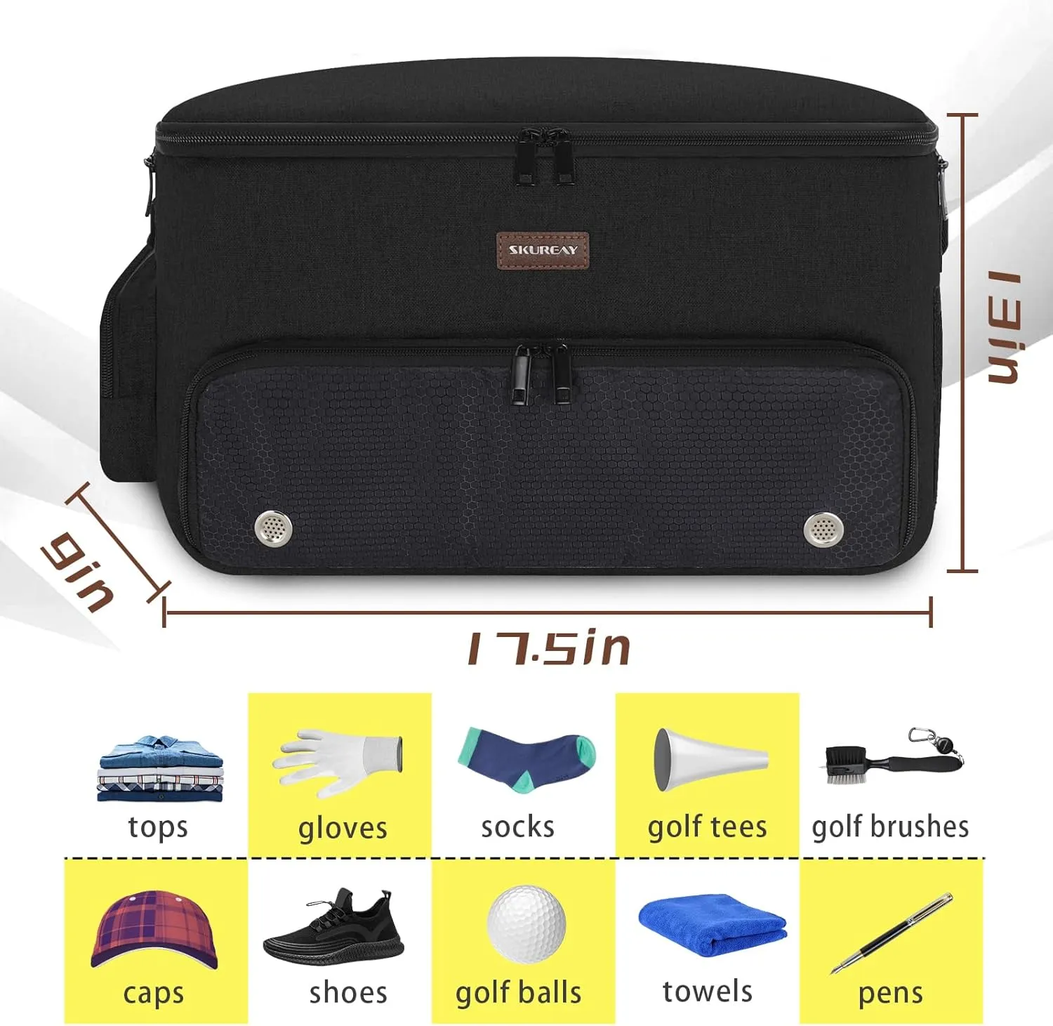 Skureay Golf Trunk Car Locker Organizer, Multi Compartments 2 Layer Car Storage Organizer With Separate Ventilated Shoe Compartment Reflective Strip, To Store Golf Accessories For Men Women (Black)