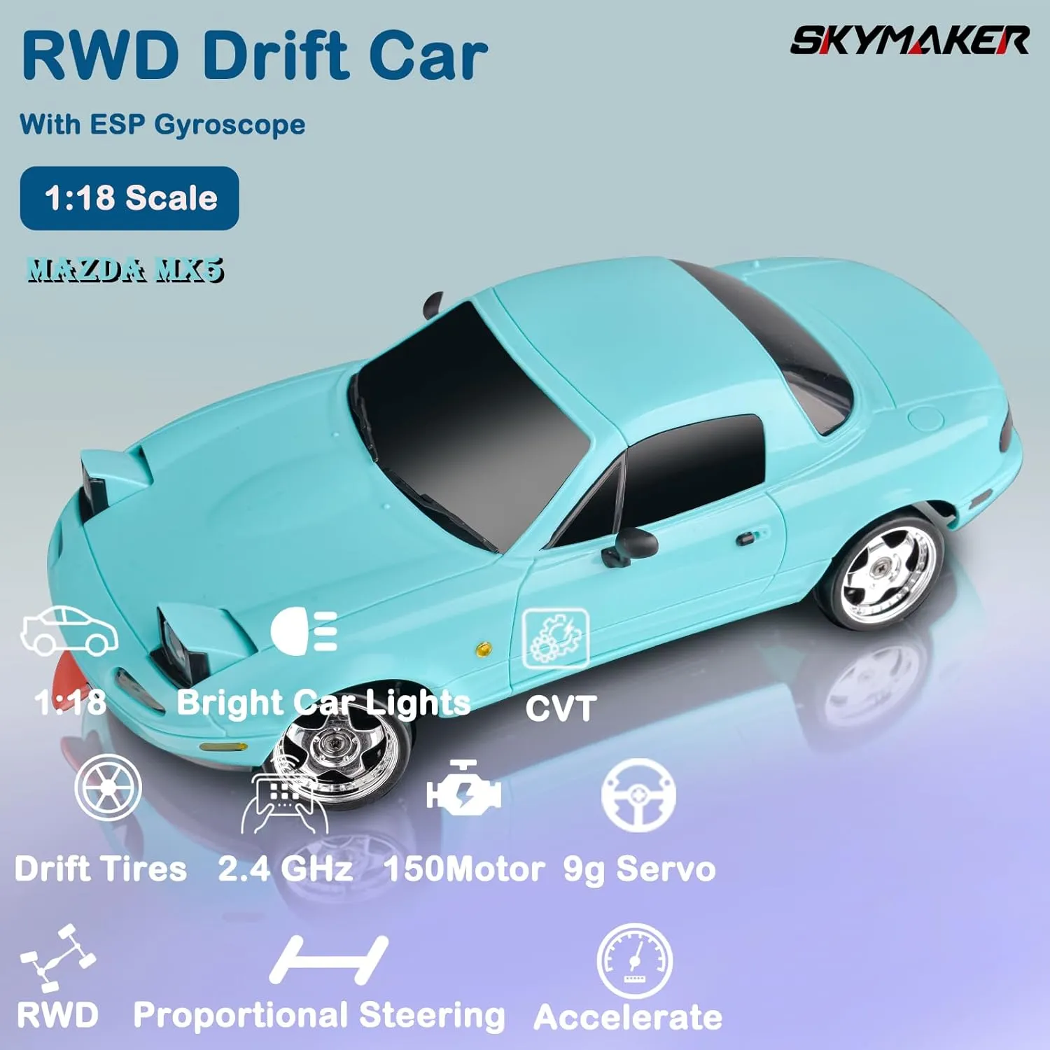 Skymaker RC Drift Car 1/18 Miata Mazda MX-5 Model 2.4GHz RWD Drifting Adults with ESP Gyro Pop-up Light (Blue with 3 Batteries)