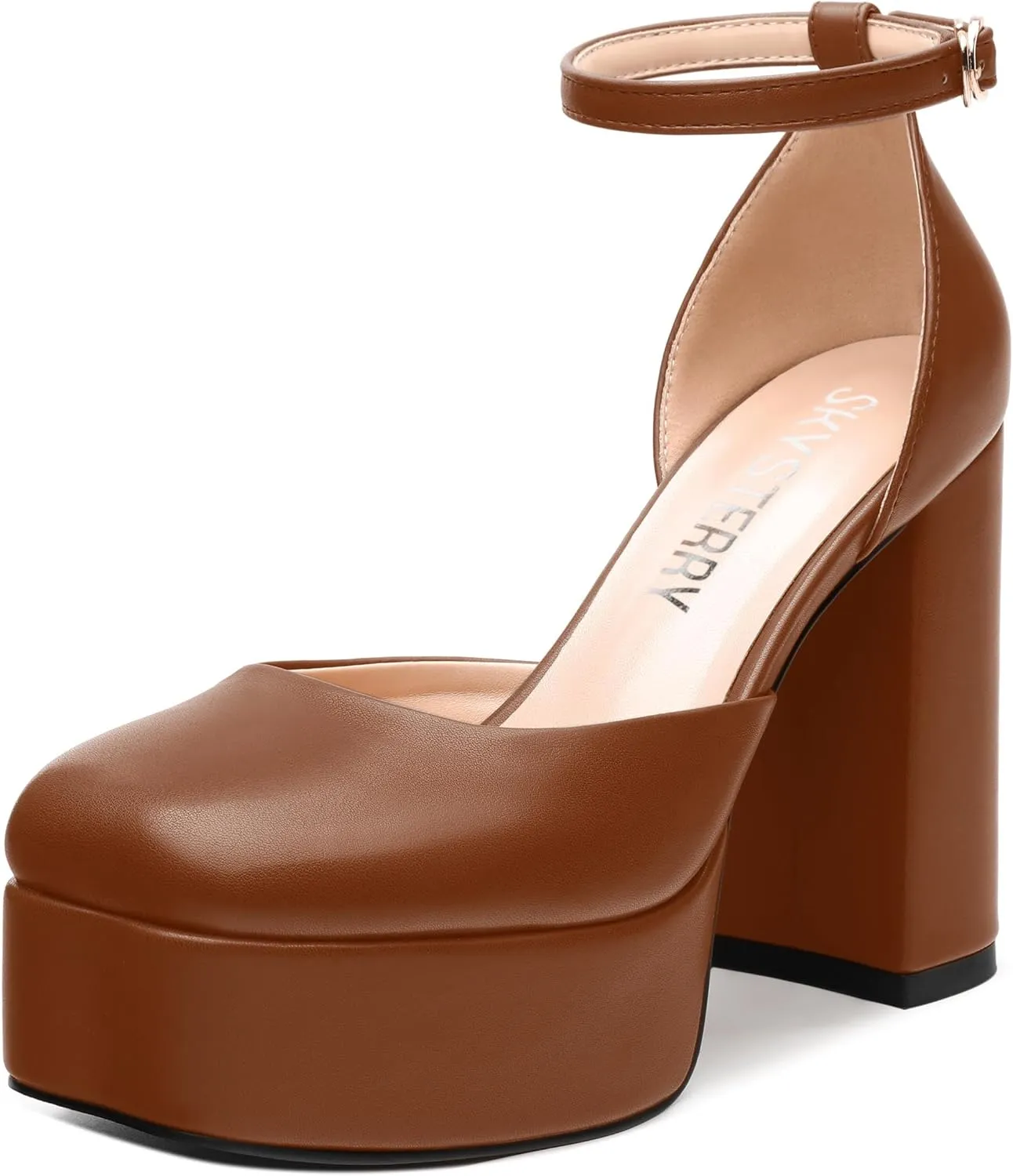 SKYSTERRY Women's Platform Heels 4.3-Inch High Block Chunky Square Closed Toe Pumps Ankle Strap Matte Dress Wedding Party Shoes