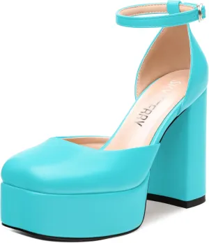SKYSTERRY Women's Platform Heels 4.3-Inch High Block Chunky Square Closed Toe Pumps Ankle Strap Matte Dress Wedding Party Shoes
