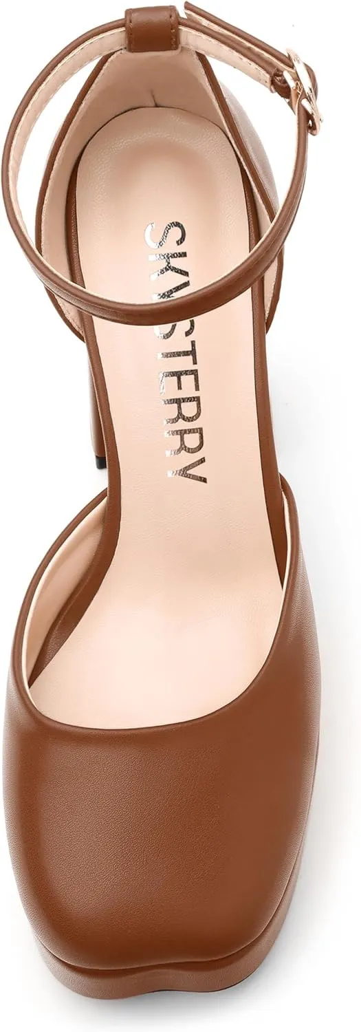 SKYSTERRY Women's Platform Heels 4.3-Inch High Block Chunky Square Closed Toe Pumps Ankle Strap Matte Dress Wedding Party Shoes