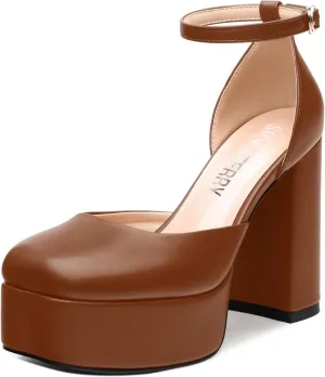 SKYSTERRY Women's Platform Heels 4.3-Inch High Block Chunky Square Closed Toe Pumps Ankle Strap Matte Dress Wedding Party Shoes