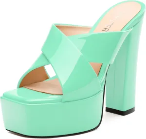 SKYSTERRY Women's Platform Heels 5.1-Inch High Chunky Block Wedges Heel Square Open Toe Sandals Patent Comfortable Slip On Cross-Strap Dressy Pumps Shoes