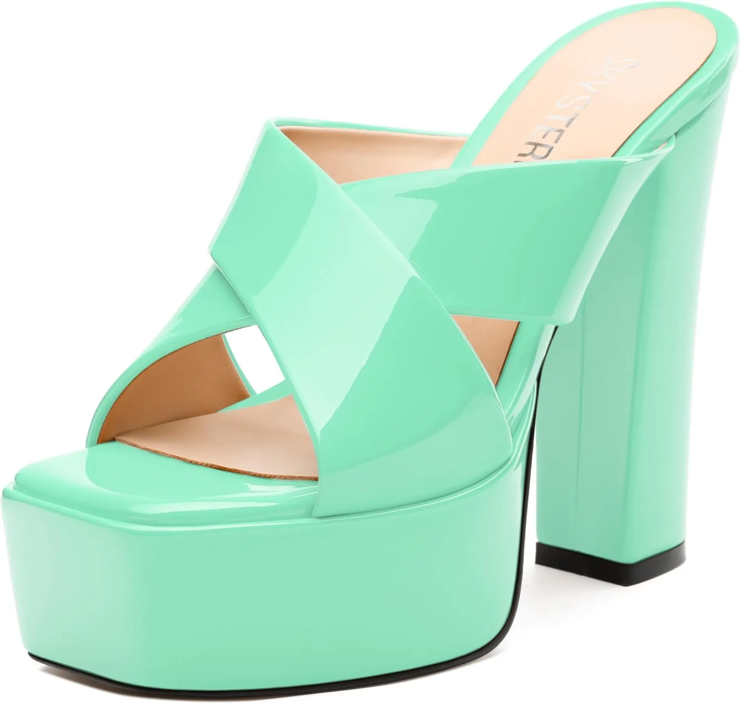 SKYSTERRY Women's Platform Heels 5.1-Inch High Chunky Block Wedges Heel Square Open Toe Sandals Patent Comfortable Slip On Cross-Strap Dressy Pumps Shoes