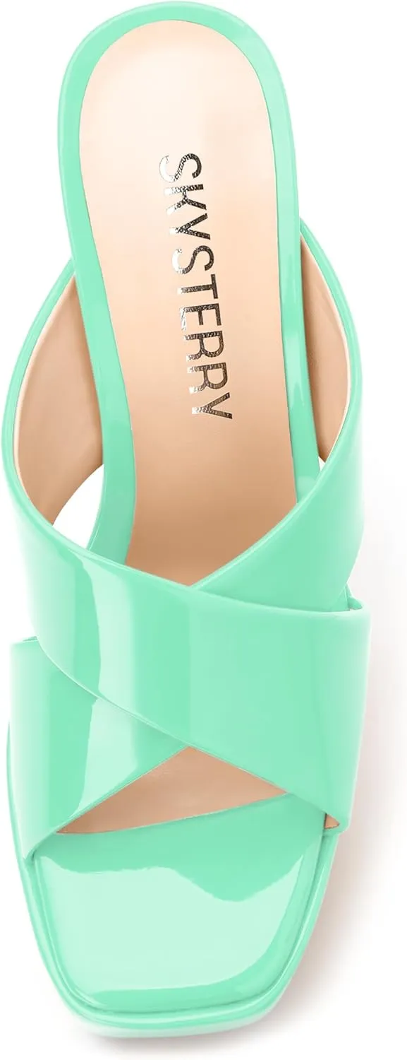 SKYSTERRY Women's Platform Heels 5.1-Inch High Chunky Block Wedges Heel Square Open Toe Sandals Patent Comfortable Slip On Cross-Strap Dressy Pumps Shoes
