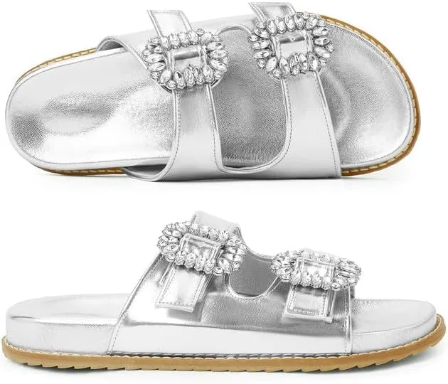 Slide Sandals for Women Rhinestone Flat Platform Sandals Soft Footbed Comfortable Walking Girls Ladies Summer Sandals