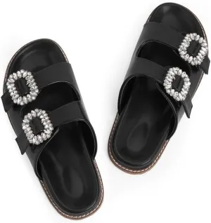 Slide Sandals for Women Rhinestone Flat Platform Sandals Soft Footbed Comfortable Walking Girls Ladies Summer Sandals