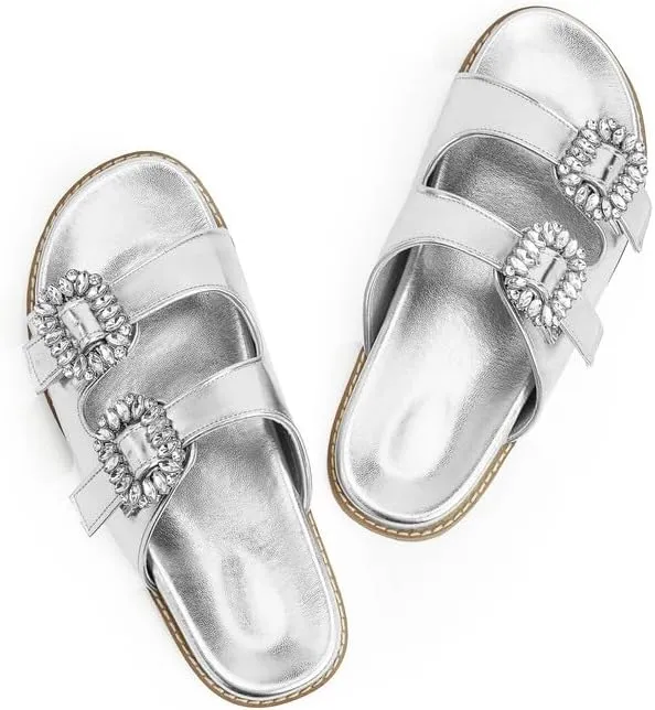 Slide Sandals for Women Rhinestone Flat Platform Sandals Soft Footbed Comfortable Walking Girls Ladies Summer Sandals