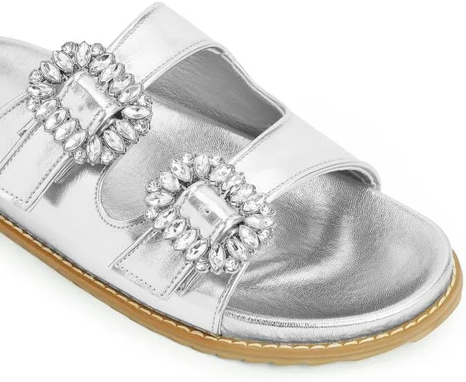 Slide Sandals for Women Rhinestone Flat Platform Sandals Soft Footbed Comfortable Walking Girls Ladies Summer Sandals