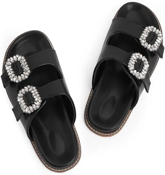 Slide Sandals for Women Rhinestone Flat Platform Sandals Soft Footbed Comfortable Walking Girls Ladies Summer Sandals