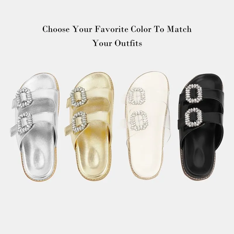 Slide Sandals for Women Rhinestone Flat Platform Sandals Soft Footbed Comfortable Walking Girls Ladies Summer Sandals