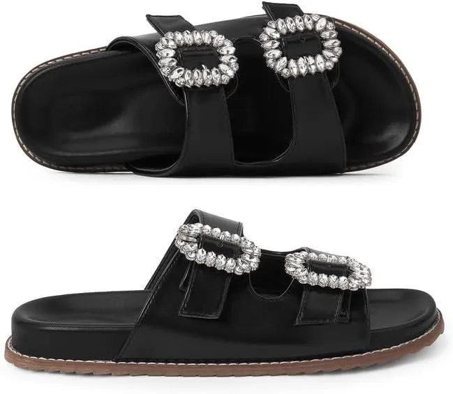 Slide Sandals for Women Rhinestone Flat Platform Sandals Soft Footbed Comfortable Walking Girls Ladies Summer Sandals