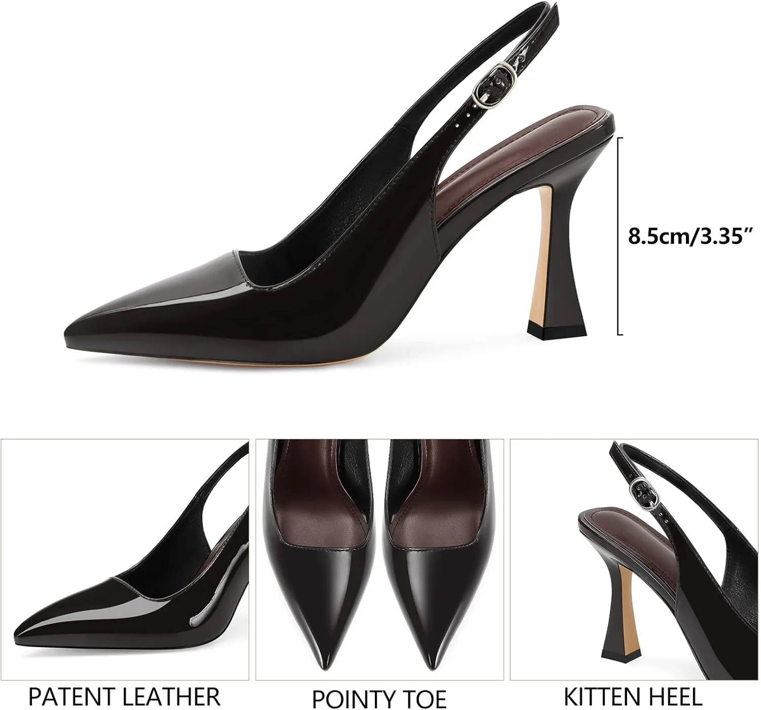 Slingback Kitten Heels for Women Pointed Toe Vintage Stiletto Sexy Pumps Buckle Straps Slip on Flare High Heeled Sandals Work Dressy Shoes