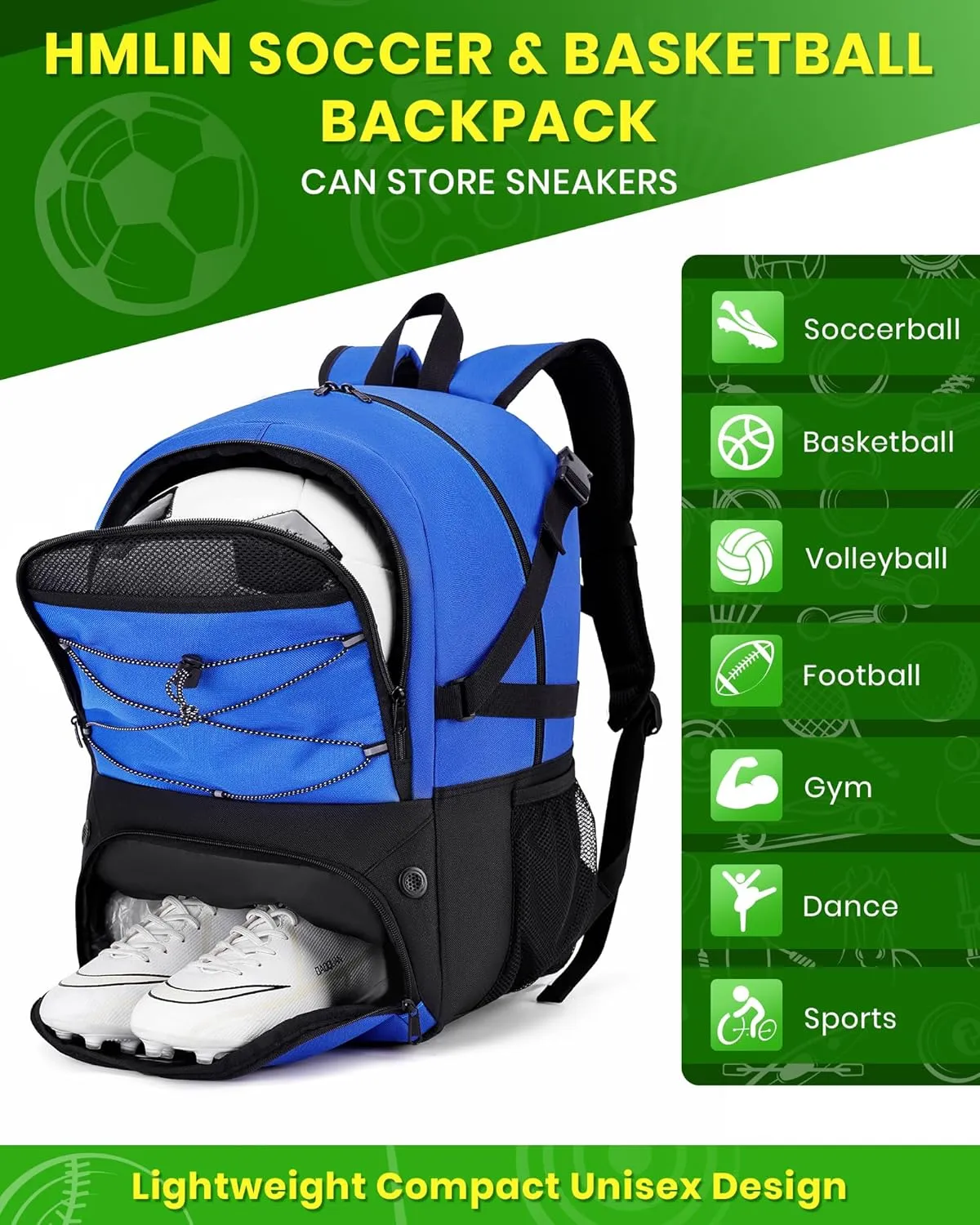Soccer Backpack with Ball Holder &Soccer bag With Shoe Compartment, Water-Resistant Sports Bag for Soccer, Basketball, Football, Volleyball