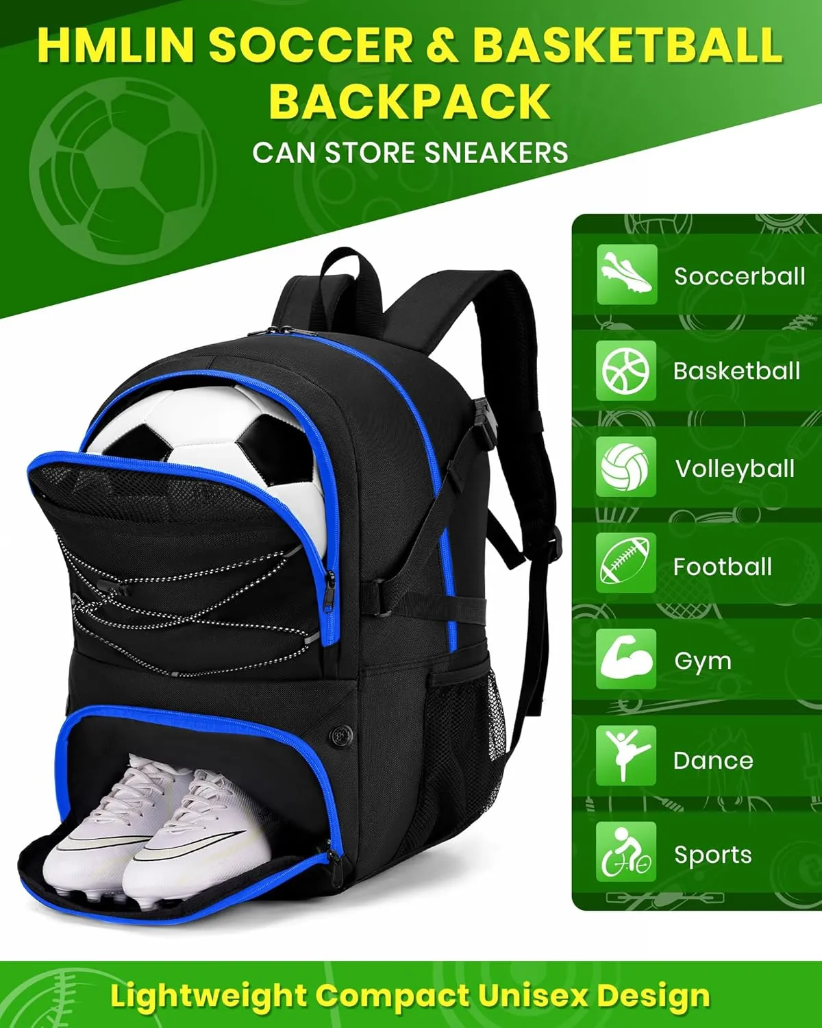 Soccer Backpack with Ball Holder &Soccer bag With Shoe Compartment, Water-Resistant Sports Bag for Soccer, Basketball, Football, Volleyball