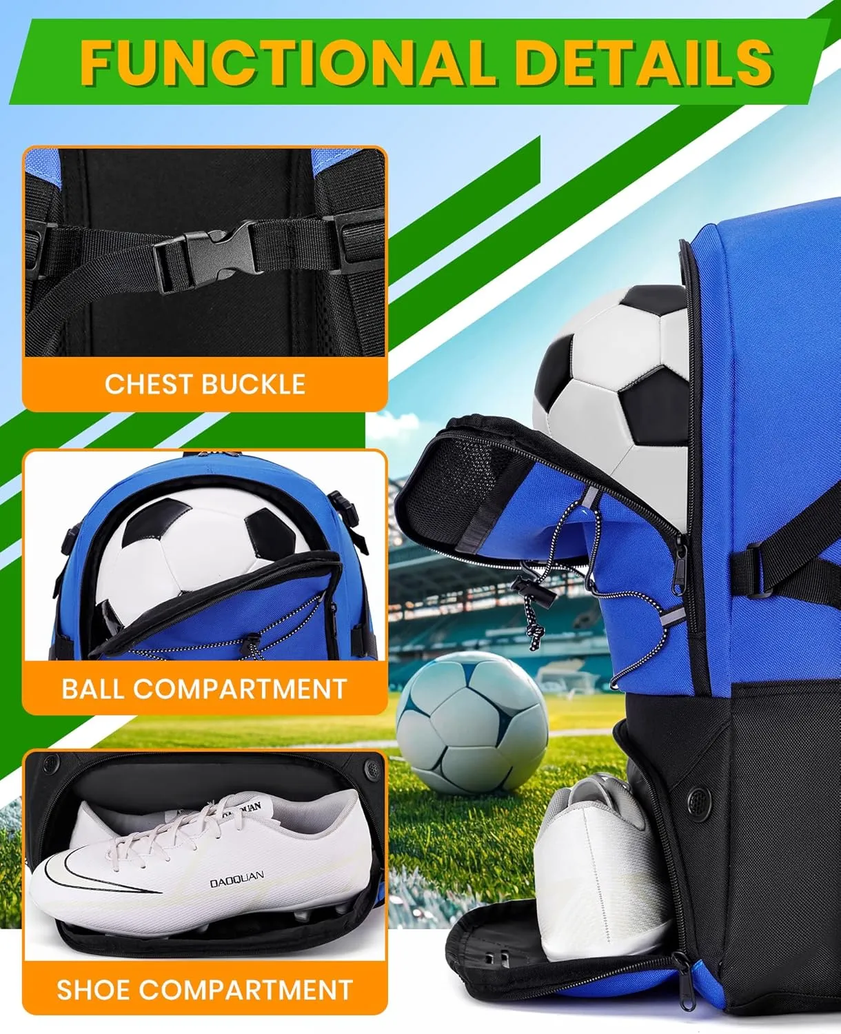 Soccer Backpack with Ball Holder &Soccer bag With Shoe Compartment, Water-Resistant Sports Bag for Soccer, Basketball, Football, Volleyball