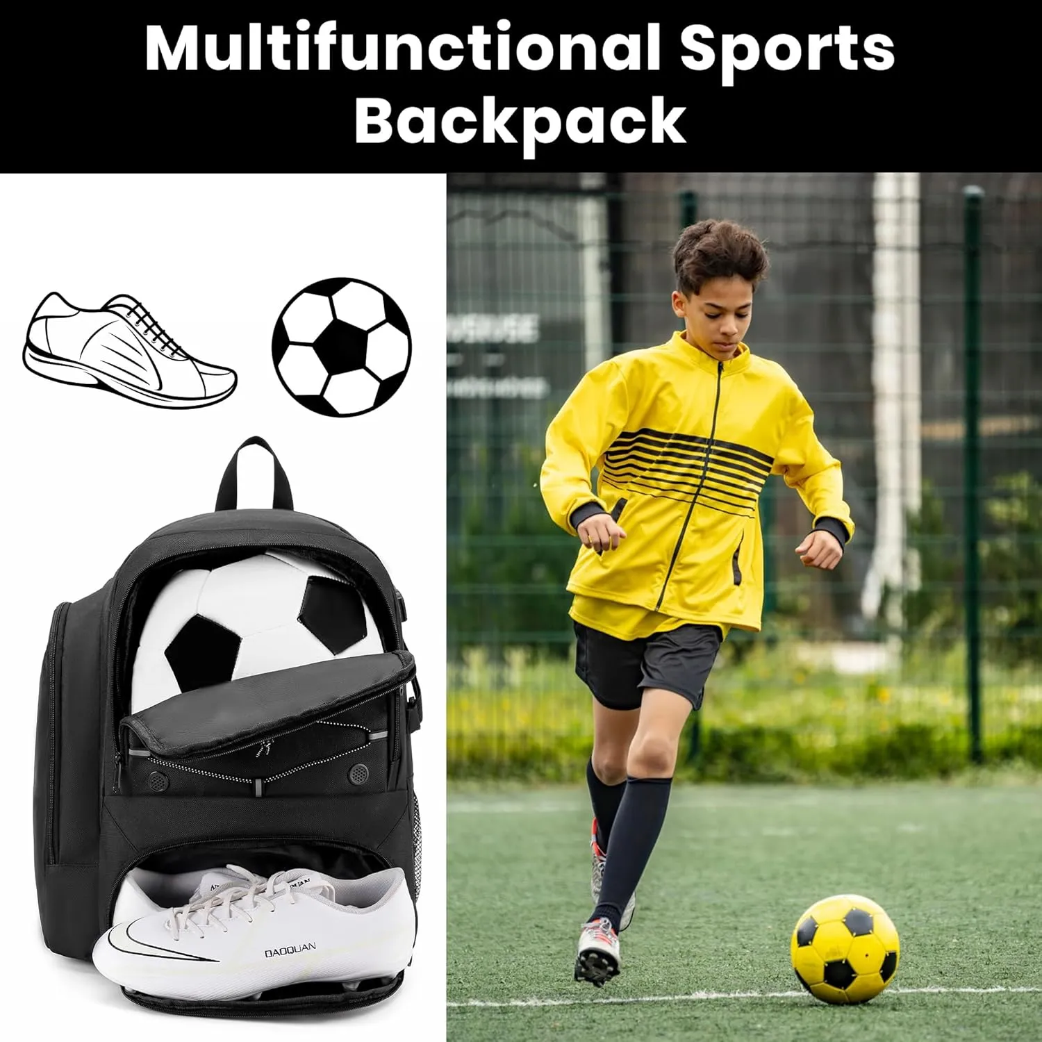 Soccer Backpack with Ball Holder,Youth soccer Bag for Basketball,Volleyball-Includes Separate Shoe Compartment&and Insulation (Black)