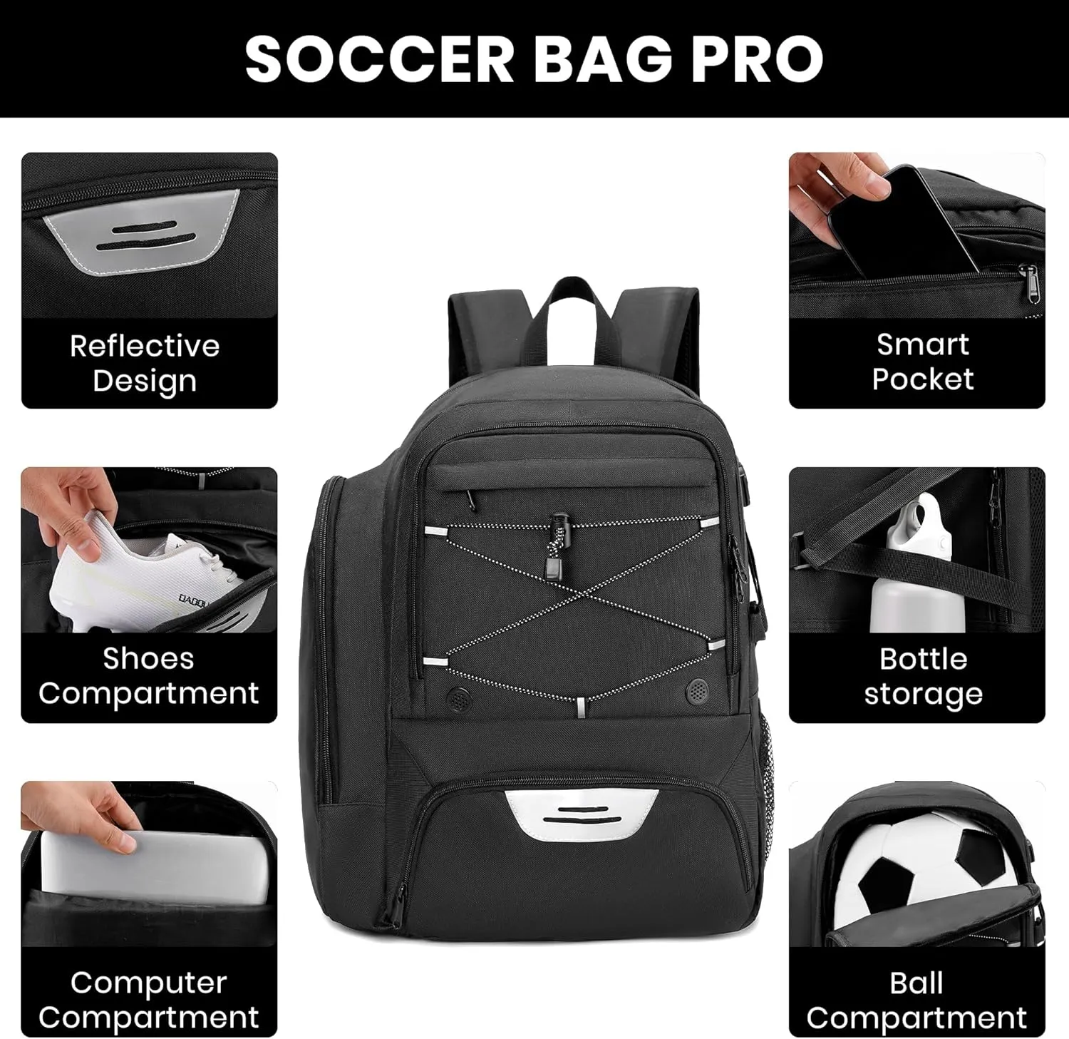 Soccer Backpack with Ball Holder,Youth soccer Bag for Basketball,Volleyball-Includes Separate Shoe Compartment&and Insulation (Black)