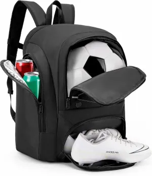 Soccer Backpack with Ball Holder,Youth soccer Bag for Basketball,Volleyball-Includes Separate Shoe Compartment&and Insulation (Black)