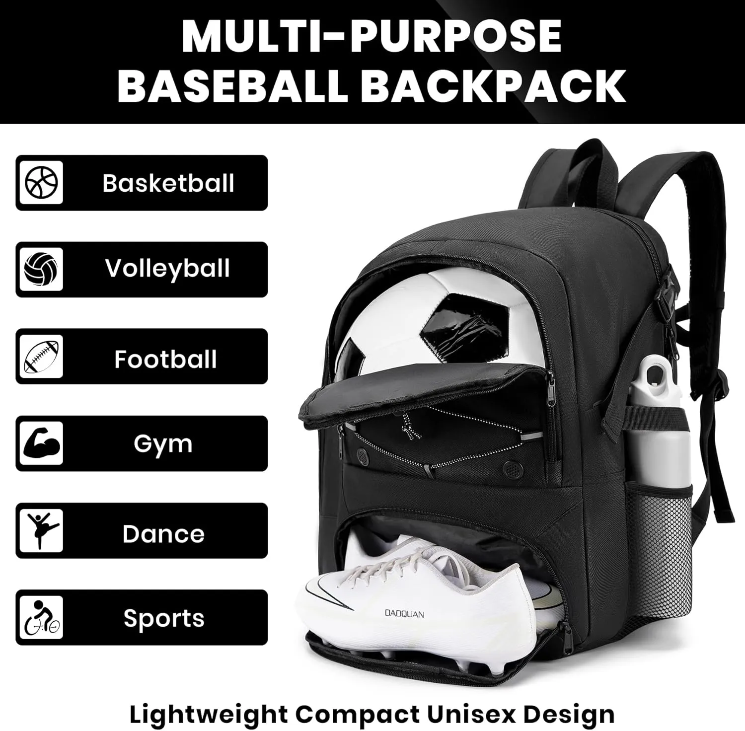Soccer Backpack with Ball Holder,Youth soccer Bag for Basketball,Volleyball-Includes Separate Shoe Compartment&and Insulation (Black)