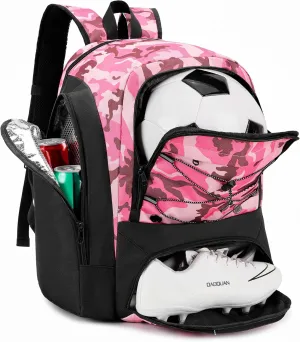 Soccer Backpack with Ball Holder,Youth soccer Bag for Basketball,Volleyball-Includes Separate Shoe Compartment&and Insulation (Camopink)