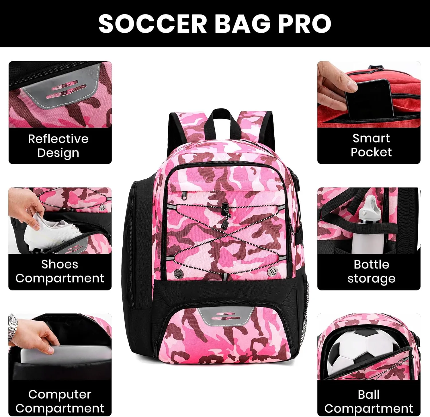 Soccer Backpack with Ball Holder,Youth soccer Bag for Basketball,Volleyball-Includes Separate Shoe Compartment&and Insulation (Camopink)