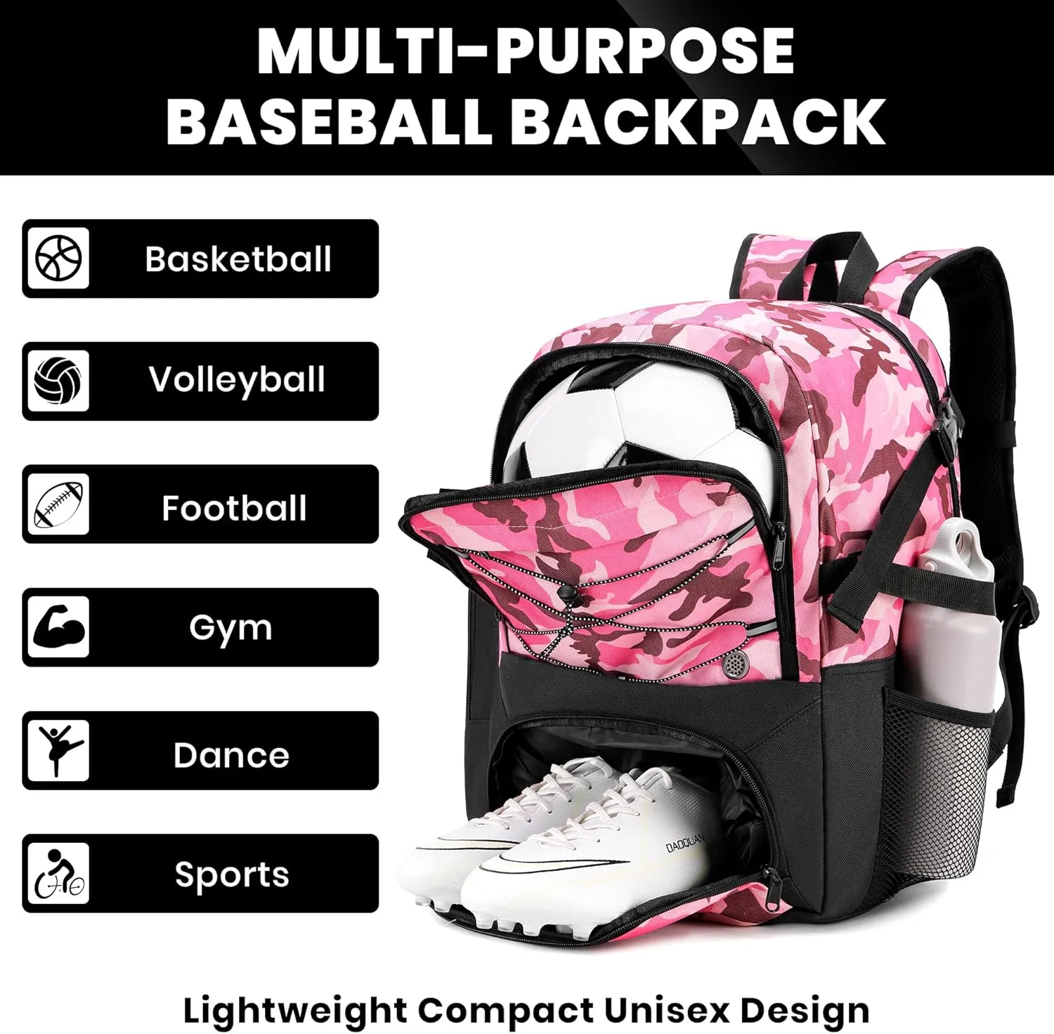 Soccer Backpack with Ball Holder,Youth soccer Bag for Basketball,Volleyball-Includes Separate Shoe Compartment&and Insulation (Camopink)