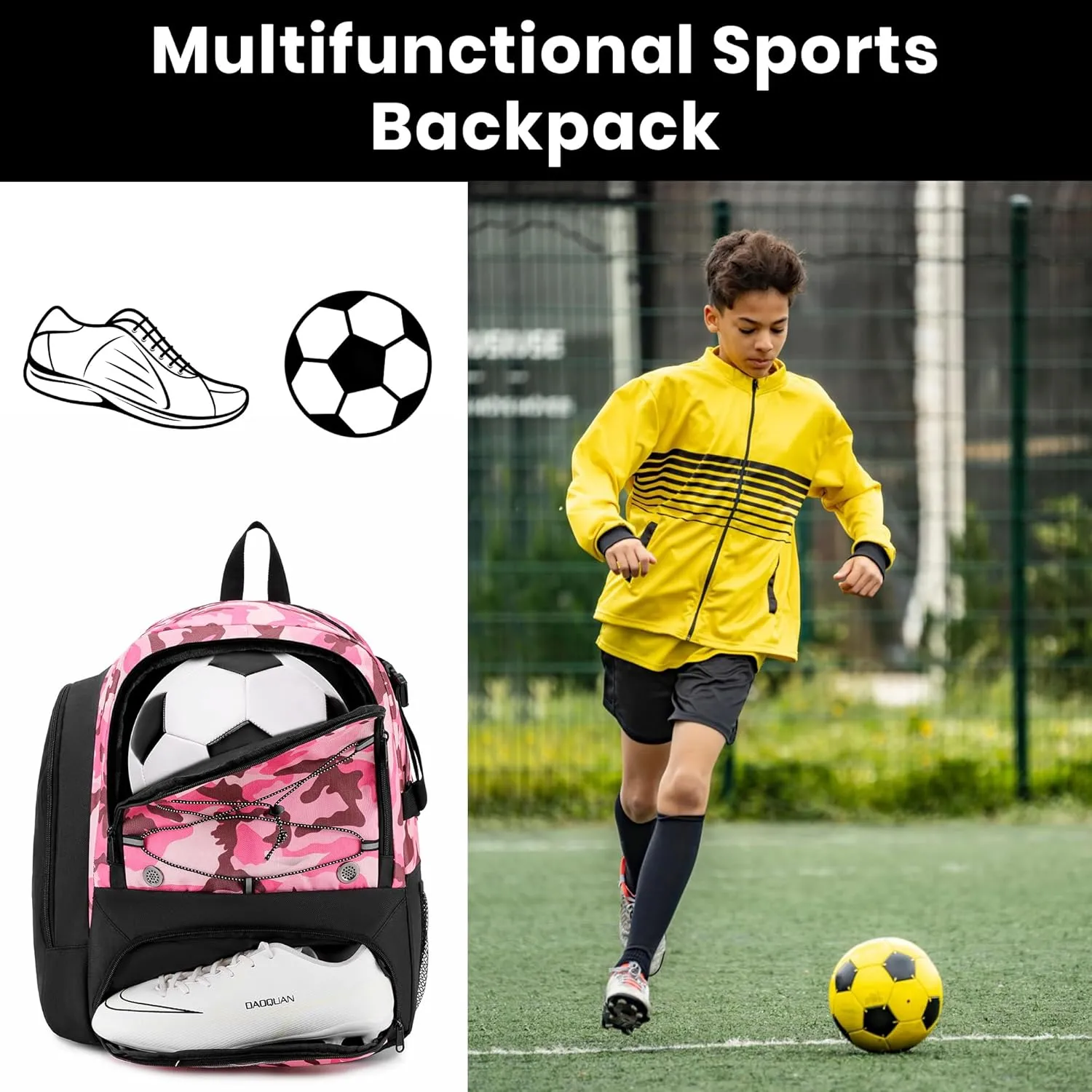 Soccer Backpack with Ball Holder,Youth soccer Bag for Basketball,Volleyball-Includes Separate Shoe Compartment&and Insulation (Camopink)