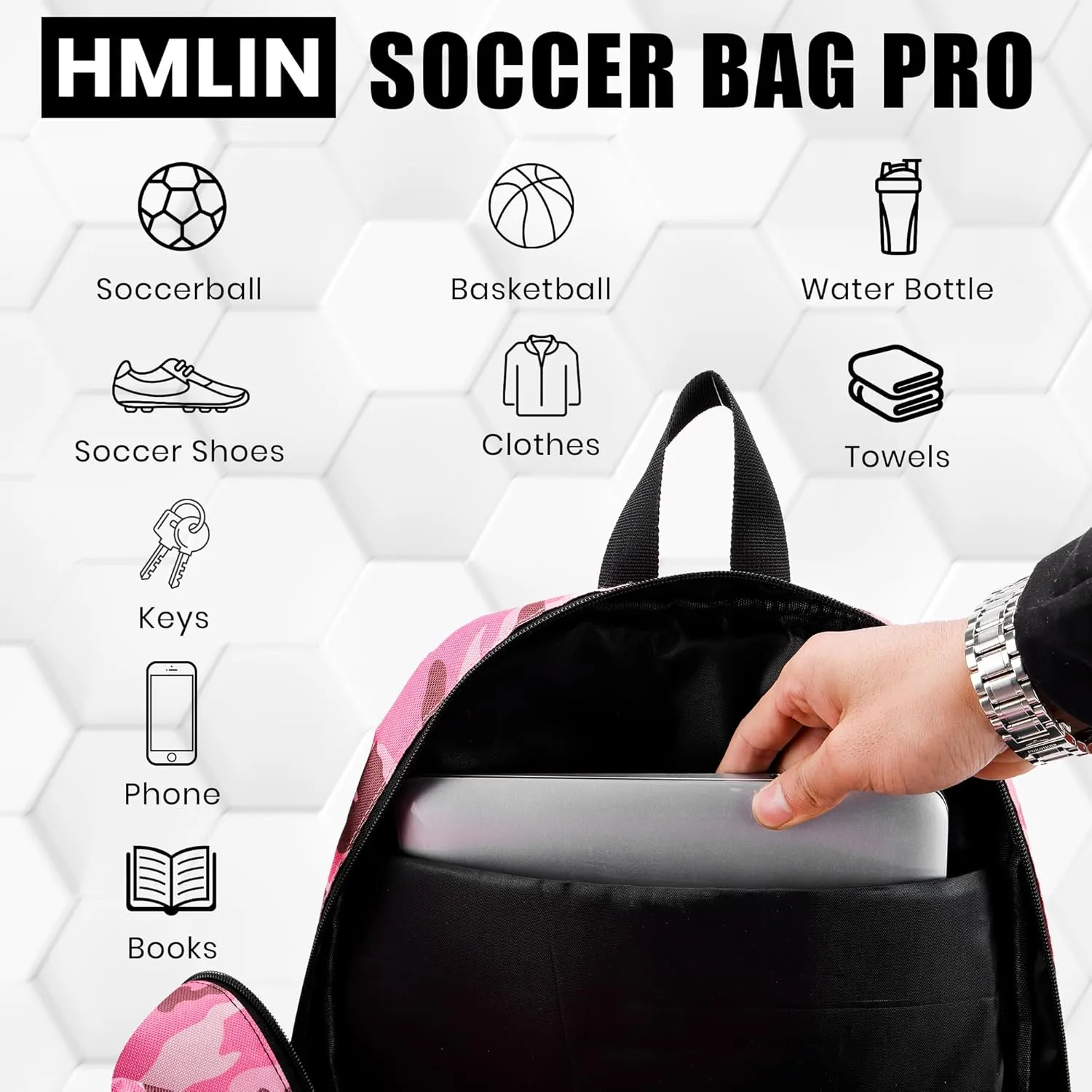 Soccer Backpack with Ball Holder,Youth soccer Bag for Basketball,Volleyball-Includes Separate Shoe Compartment&and Insulation (Camopink)