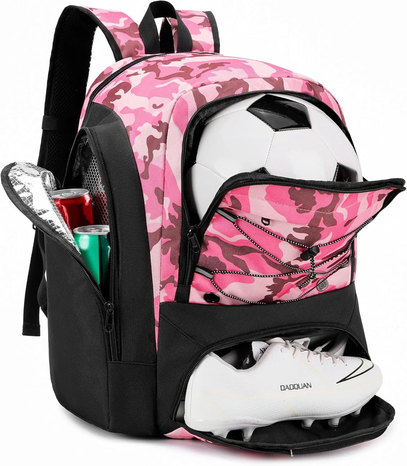Soccer Backpack with Ball Holder,Youth soccer Bag for Basketball,Volleyball-Includes Separate Shoe Compartment&and Insulation (Camopink)