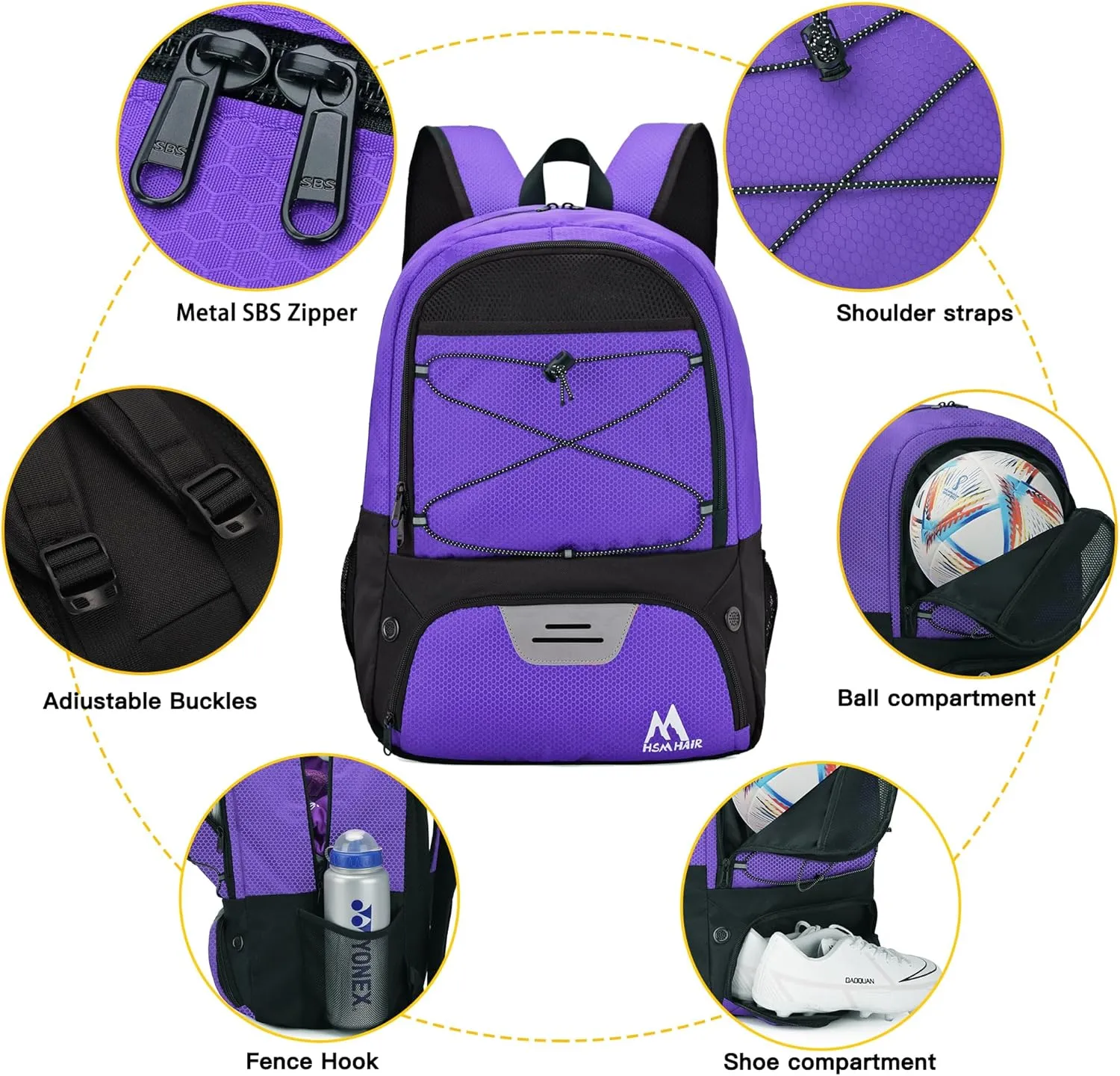 Soccer Bag-Soccer Backpack&Backpack for & Football Volleyball & Basketball,with Ball Compartment and Separate Cleat (Purple)