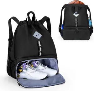 Soccer Bag, Soccer Drawstring Backpack for Basketball, Volleyball and Football, Sports Gym Equipment Bag with Separate Shoes and Ball Holder, Black