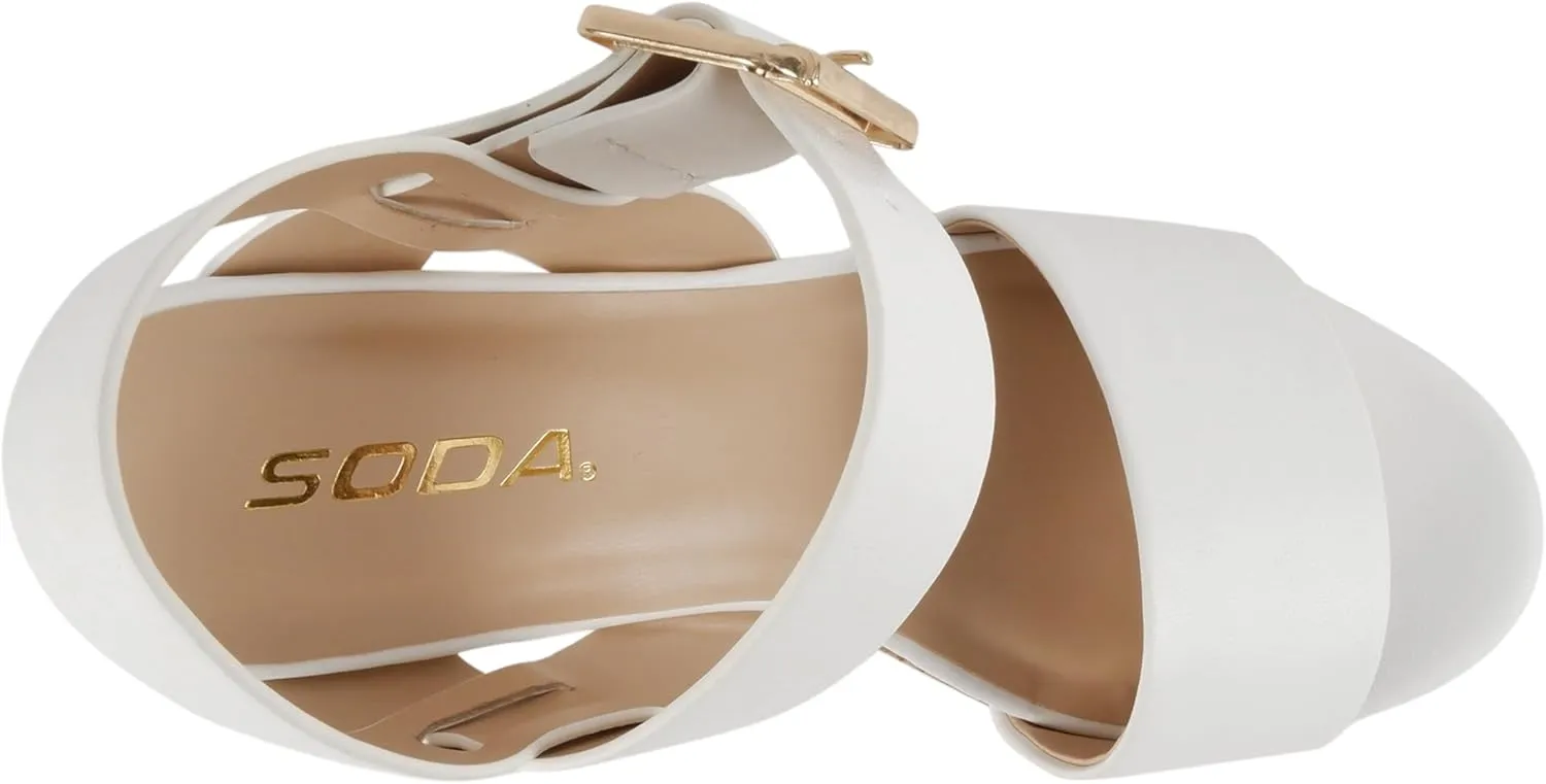 Soda “Annual” ~ Women Open Round Toe Single Band High Heel Notch Wedge Sandals with Adjustable Ankle Strap