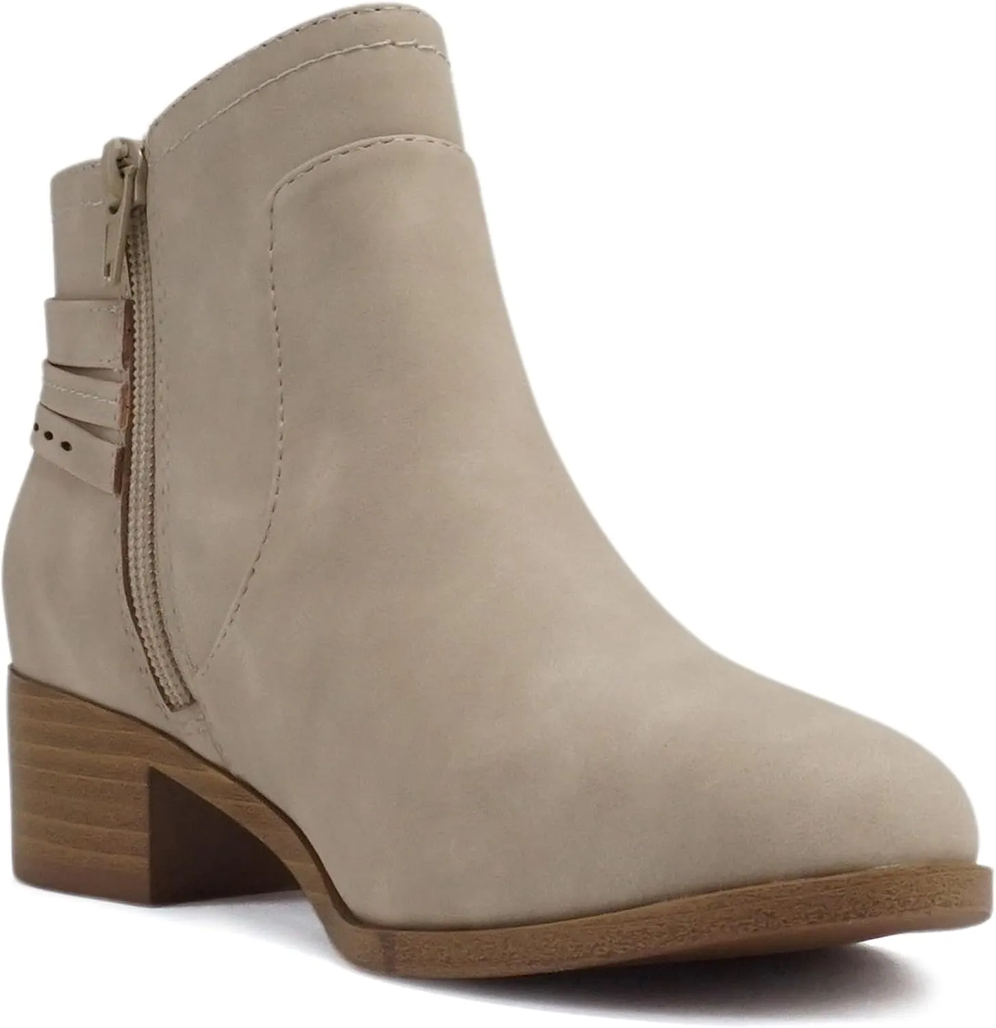 Soda “BOYET” ~ Women Round Toe Elastic Gore Multi Back Strap Low Stack Heel Ankle Bootie with Side Zipper